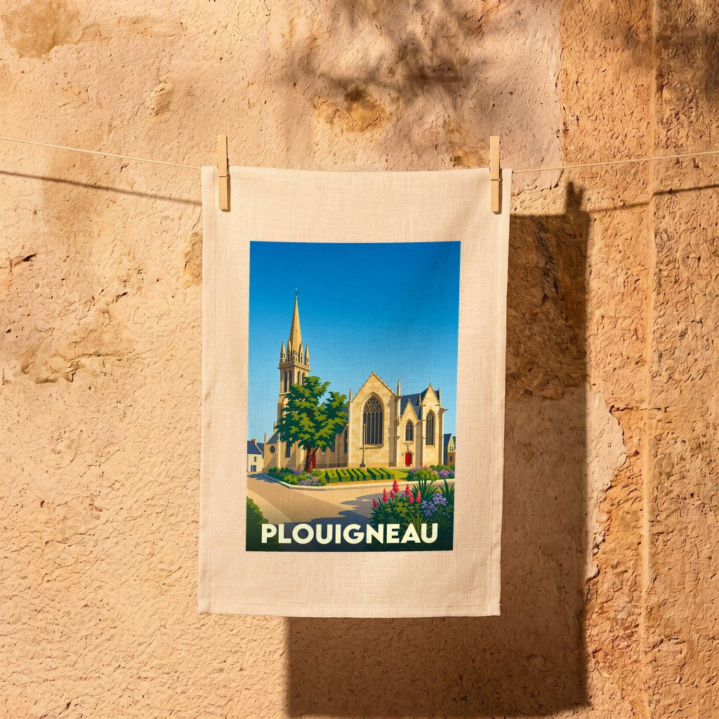 Torchon souvenir de la ville de Plouigneau illustré d'une église sous un ciel bleu.