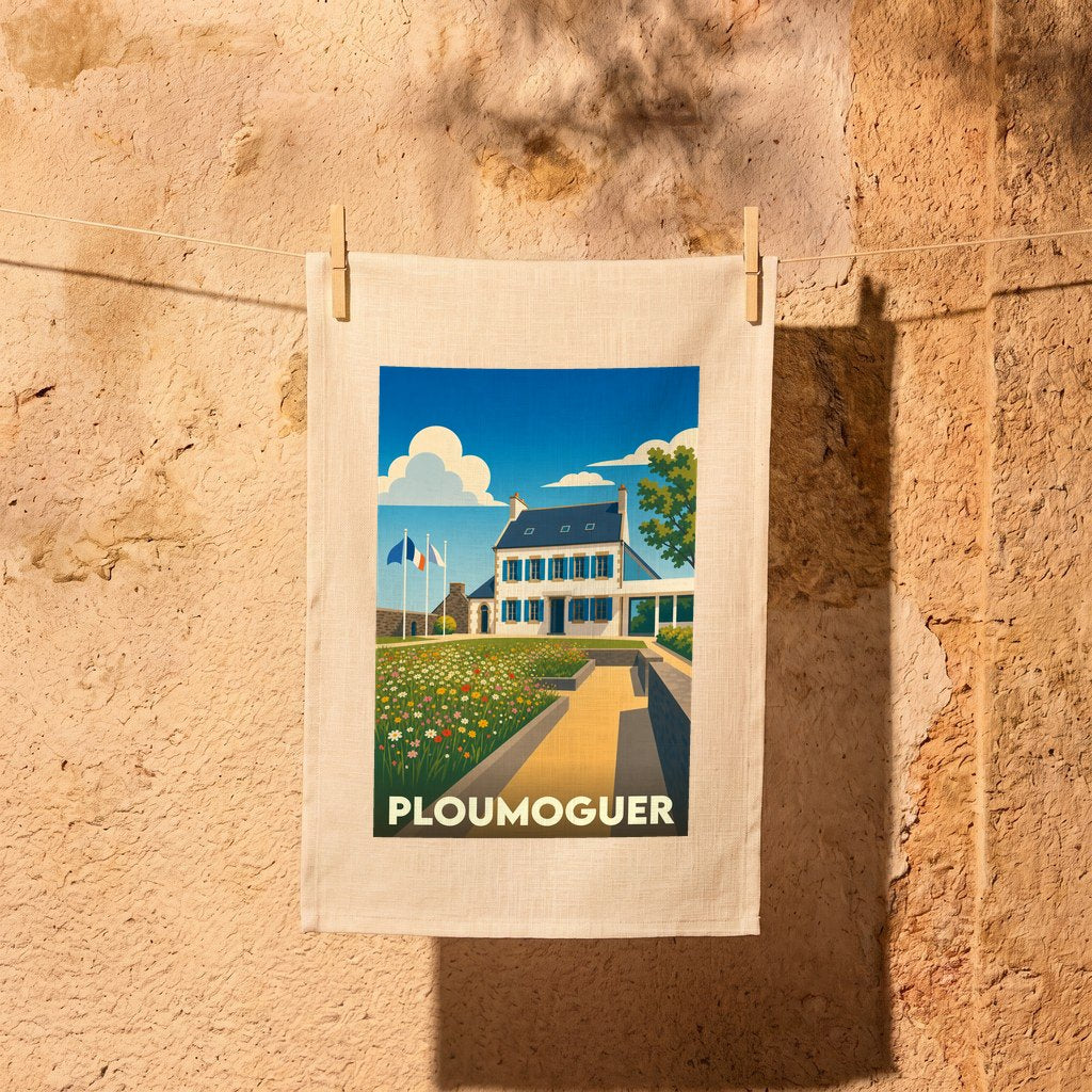 Torchon souvenir de la ville de Ploumoguer avec une illustration stylisée d'une maison bretonne et d'un jardin fleuri.