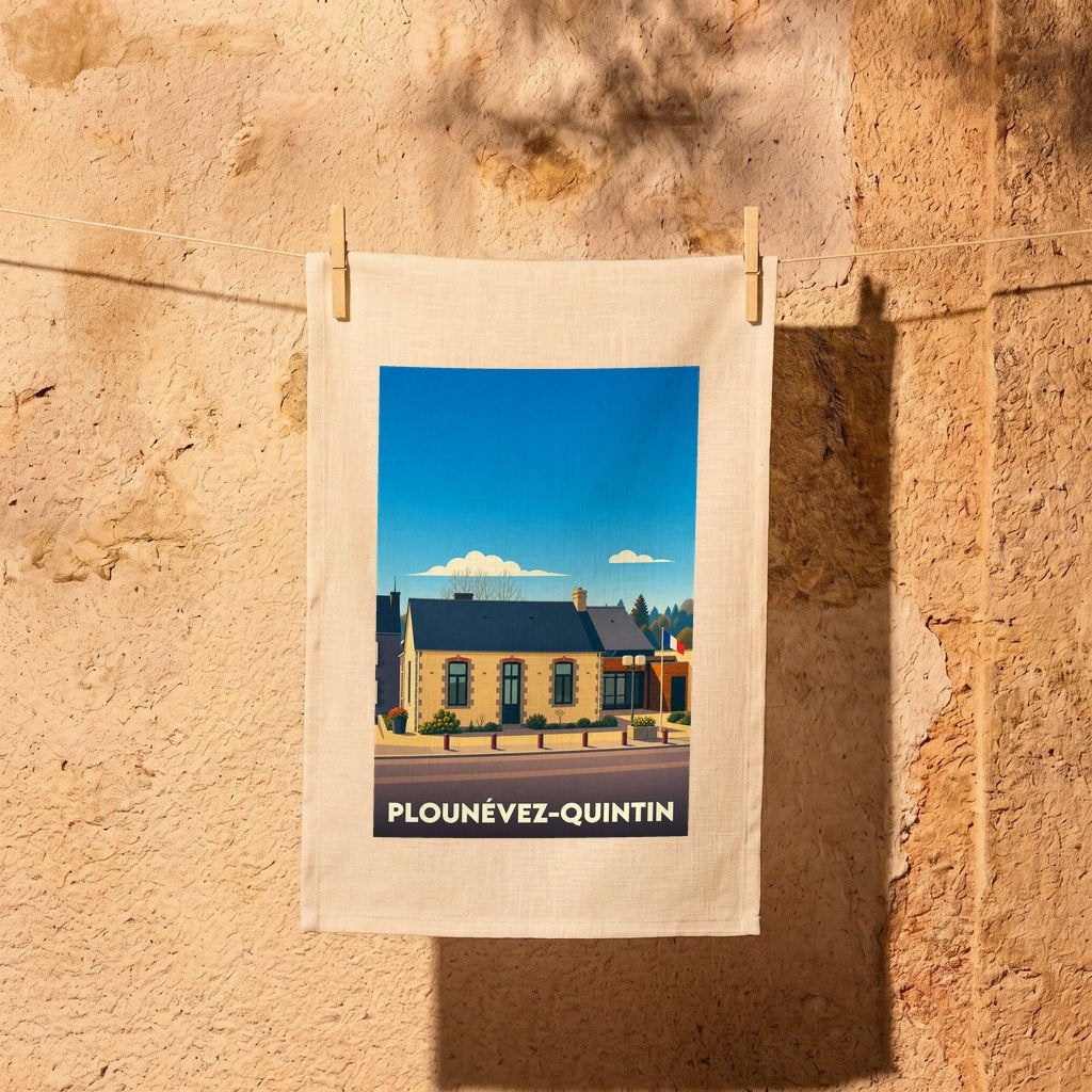 Torchon souvenir de la ville de Plounévez-Quintin avec une illustration stylisée d'un bâtiment local.