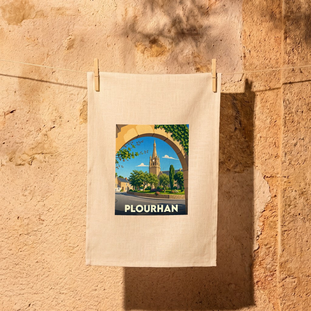 Torchon souvenir de la ville de Plourhan avec une illustration stylisée d'une église vue à travers une arche en pierre.