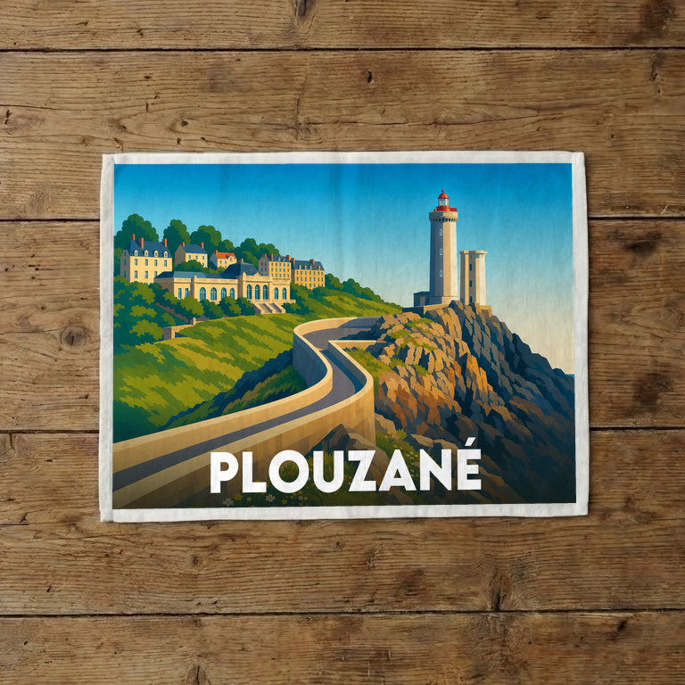 Torchon souvenir de la ville de Plouzané avec une illustration stylisée de son phare et de son littoral.