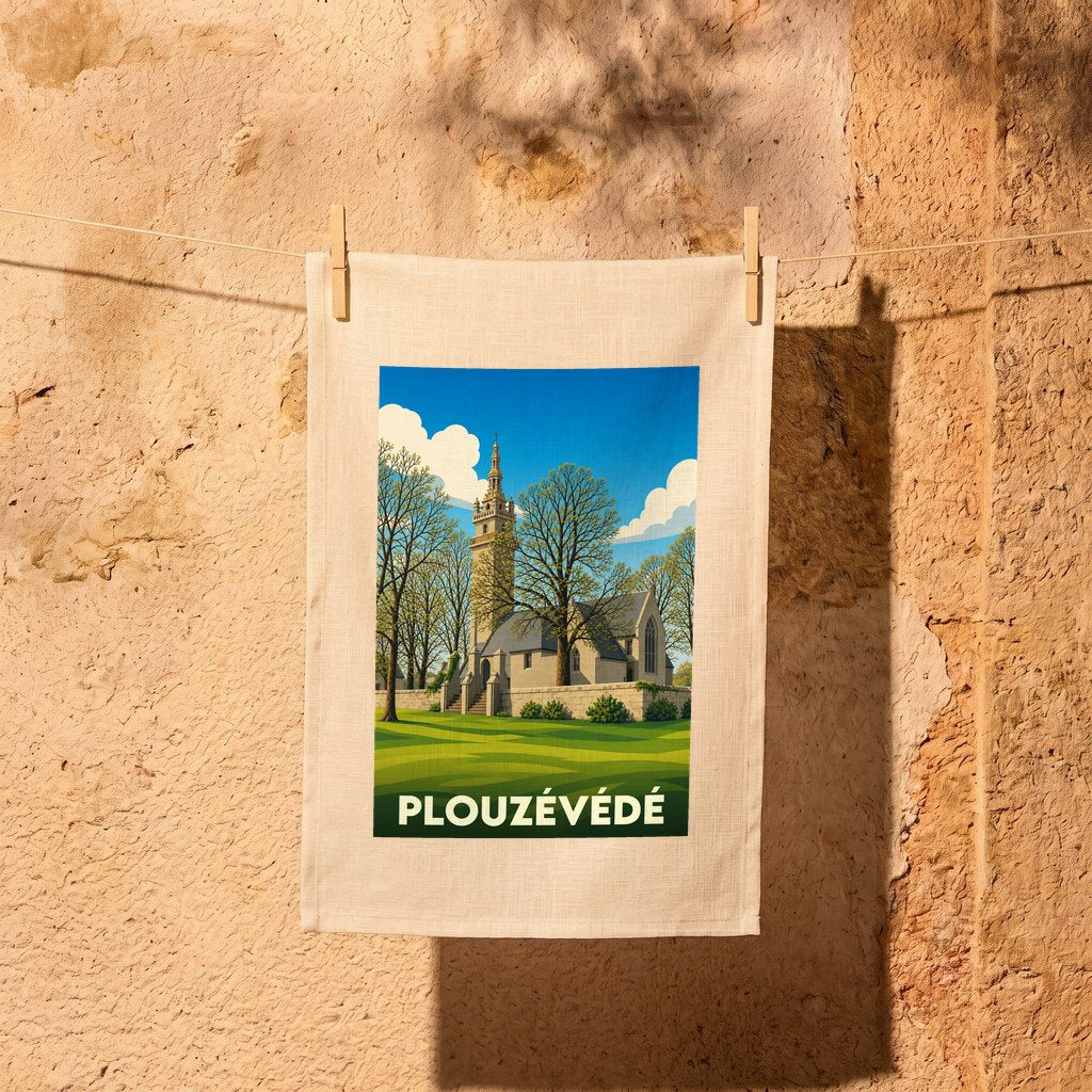 Torchon souvenir de la ville de Plouzévédé orné d'une illustration stylisée de son église et de son clocher.