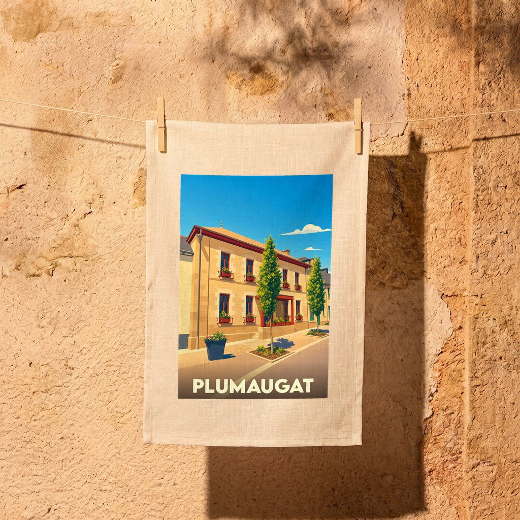 Torchon souvenir de la ville de Plumaugat avec une illustration stylisée d'un bâtiment typique.