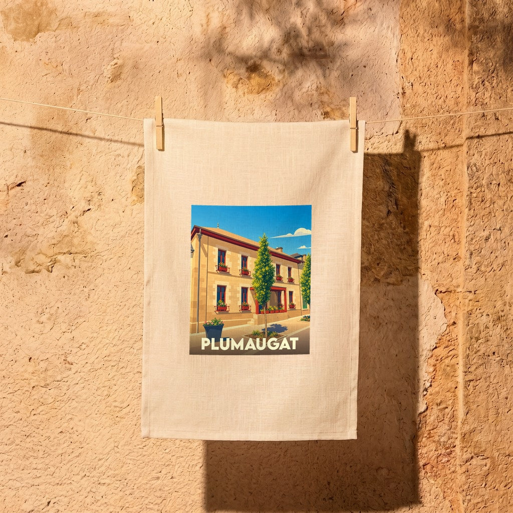 Torchon souvenir de la ville de Plumaugat avec une illustration stylisée d'un bâtiment typique.
