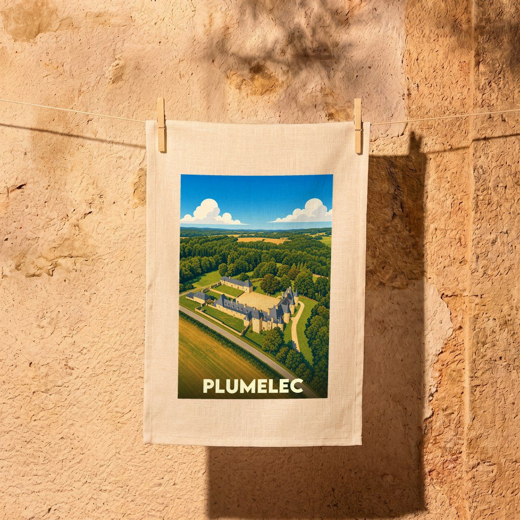 Torchon souvenir de la ville de Plumelec avec une illustration stylisée de son château.
