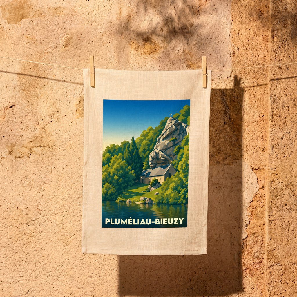 Torchon souvenir de la ville de Pluméliau-Bieuzy avec une illustration stylisée de la chapelle Saint-Gildas.
