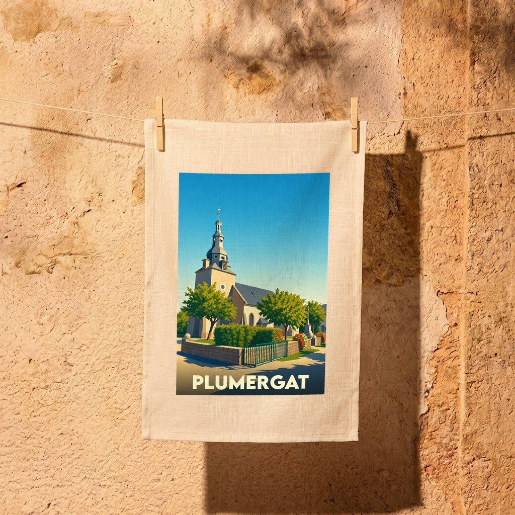 Torchon souvenir de la ville de Plumergat avec une illustration stylisée d'une église sous un ciel bleu.
