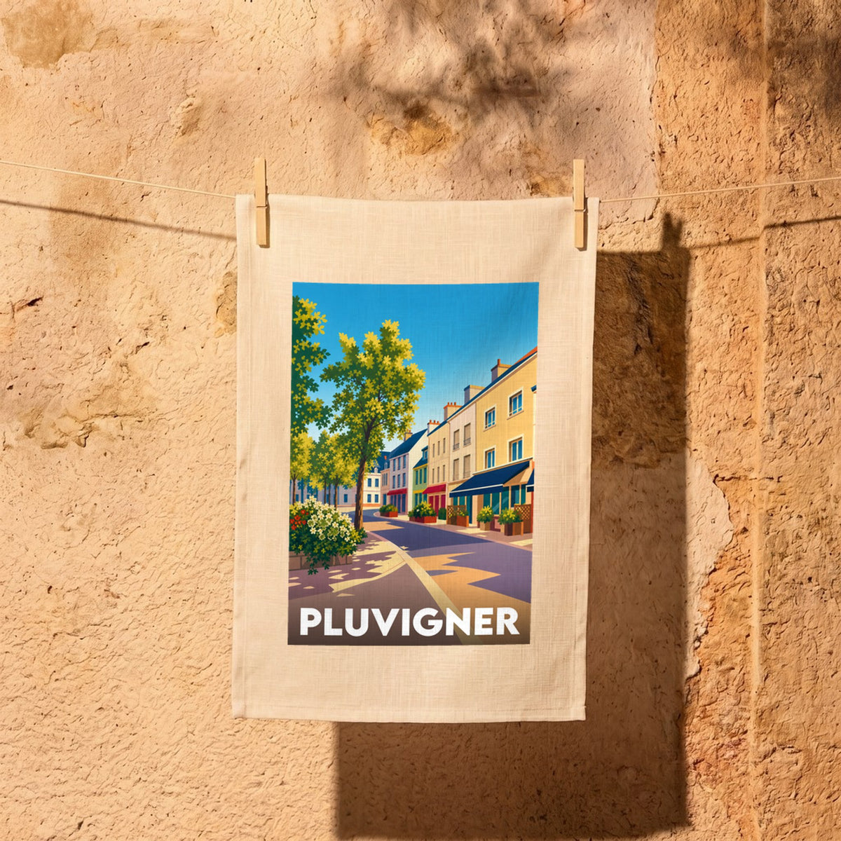 Torchon souvenir de la ville de Pluvigner avec une illustration stylisée d'une rue ensoleillée.