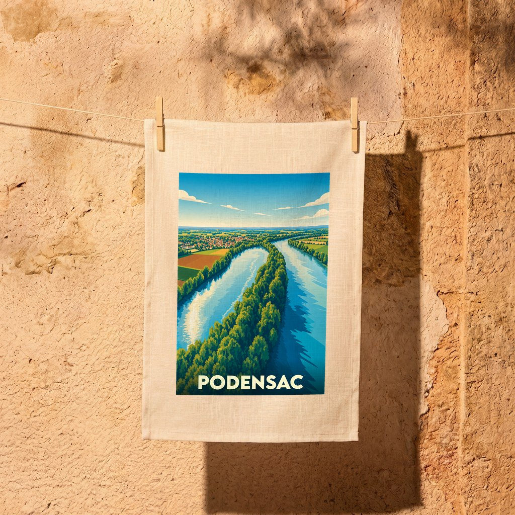 Torchon souvenir de la ville de Podensac illustré par un paysage de rivière stylisé.