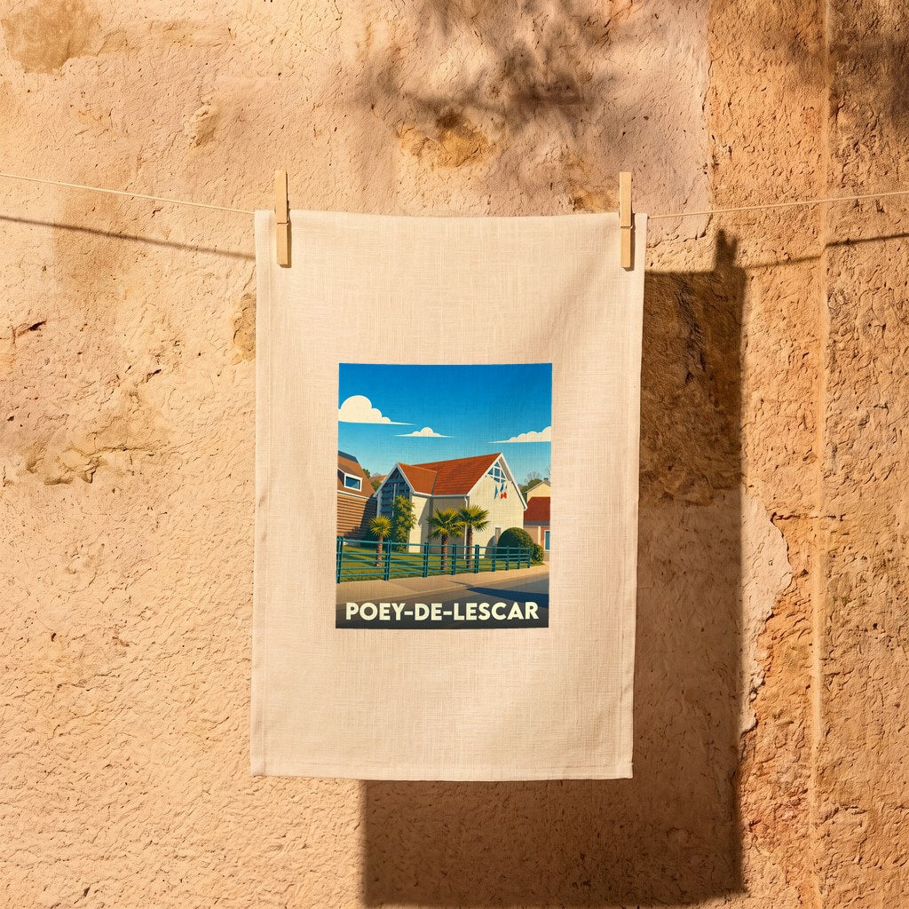 Torchon souvenir de la ville de Poey-de-Lescar avec une illustration stylisée et colorée.