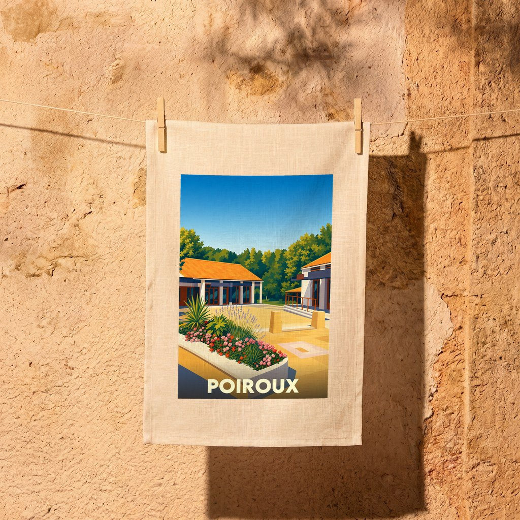 Torchon souvenir de la ville de Poiroux avec une illustration stylisée d'un jardin ensoleillé.