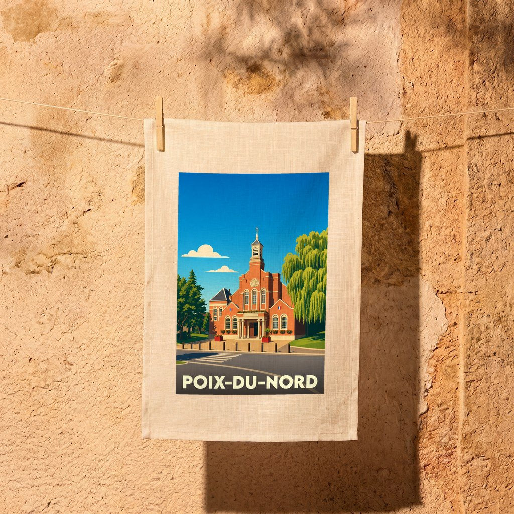 Torchon souvenir de la ville de Poix-du-Nord avec une illustration stylisée de son hôtel de ville.