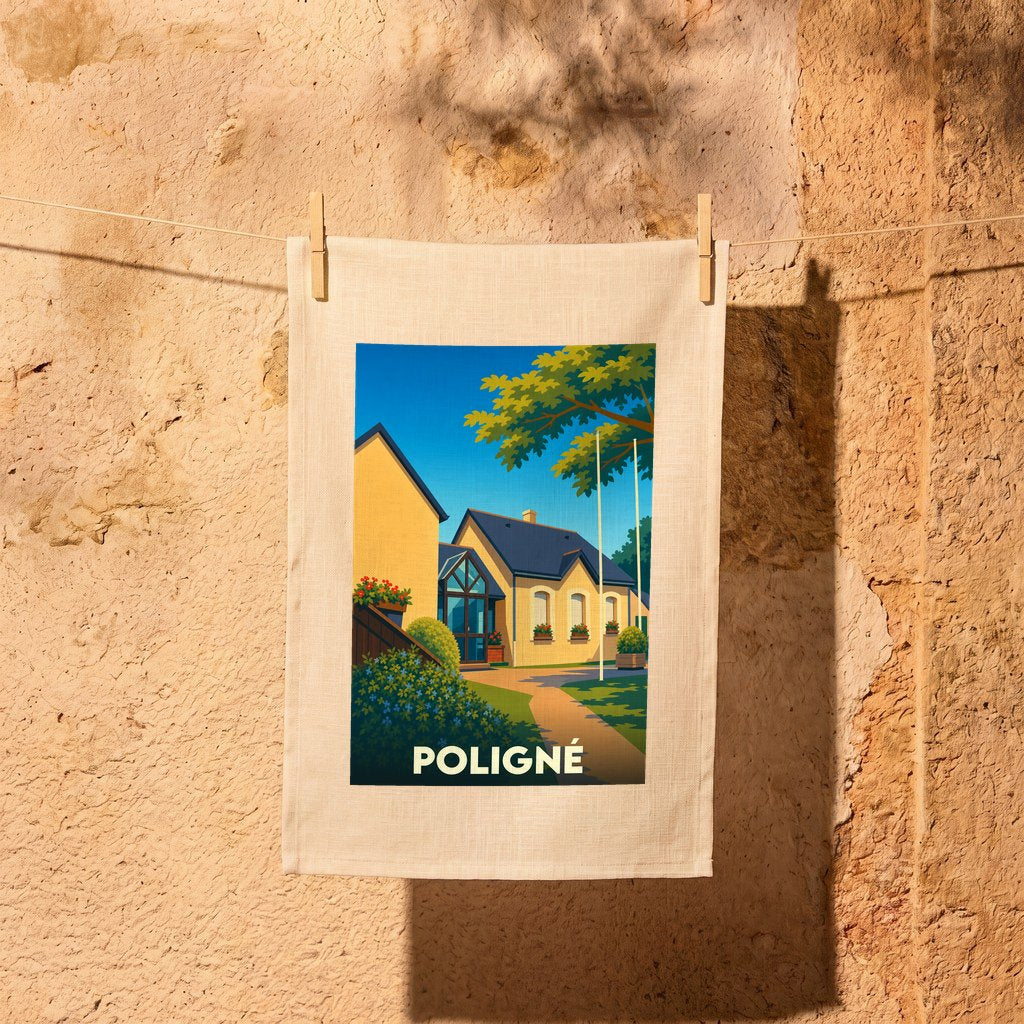 Torchon souvenir de la ville de Poligné illustré d'un paysage urbain stylisé et coloré.