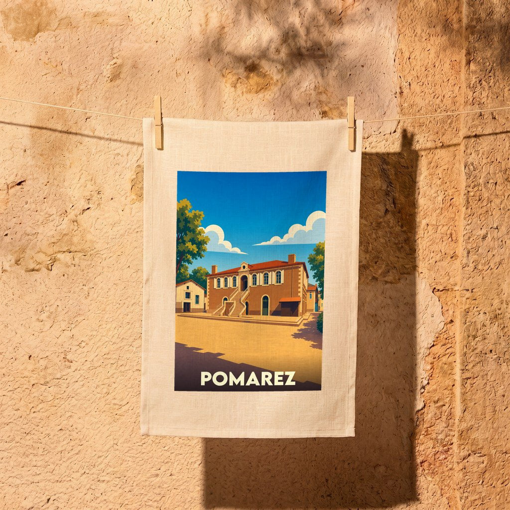 Torchon souvenir de la ville de Pomarez avec une illustration stylisée.