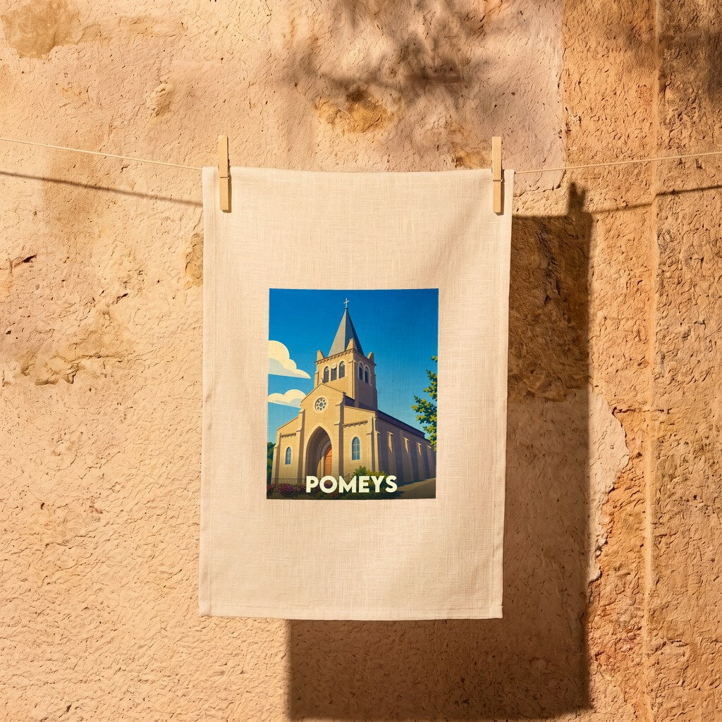 Torchon souvenir de la ville de Pomeys avec une illustration stylisée de son église.