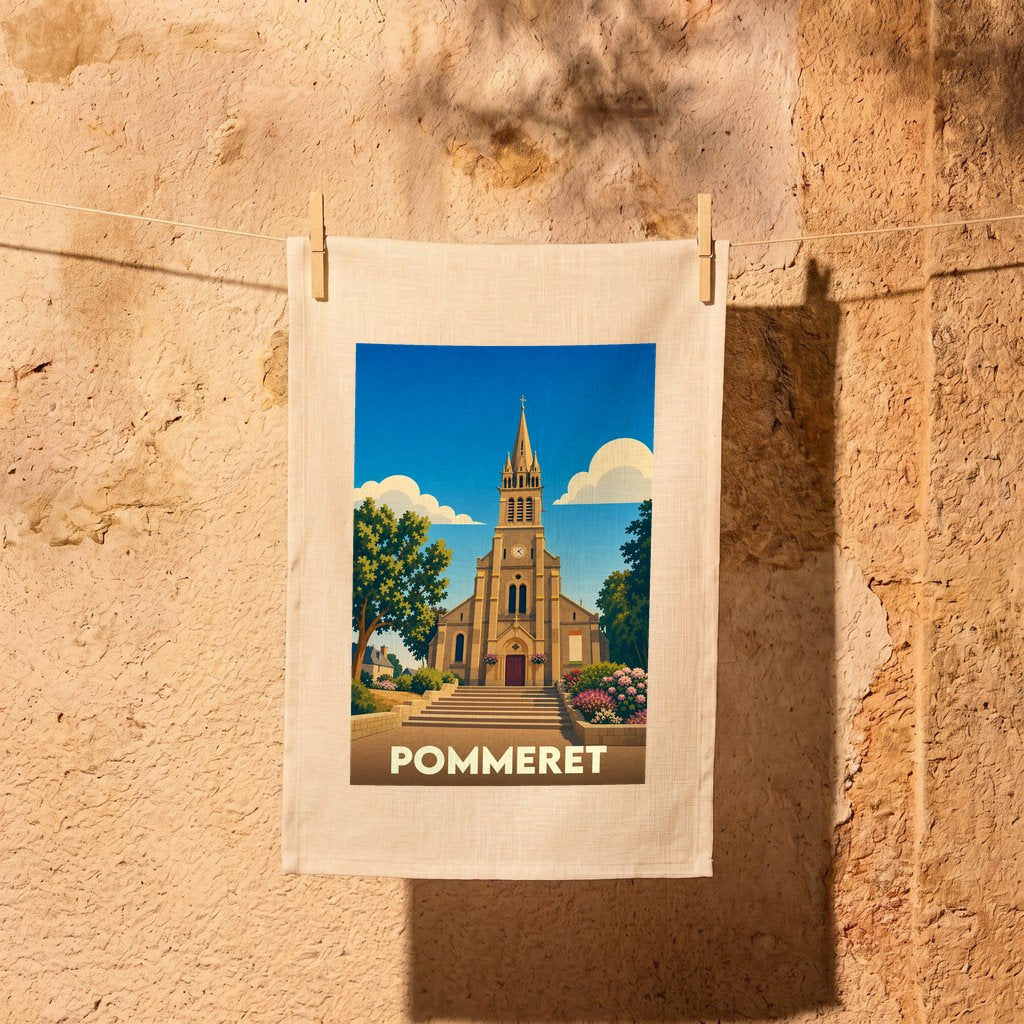 Torchon souvenir de la ville de Pommeret avec une illustration stylisée de son église.