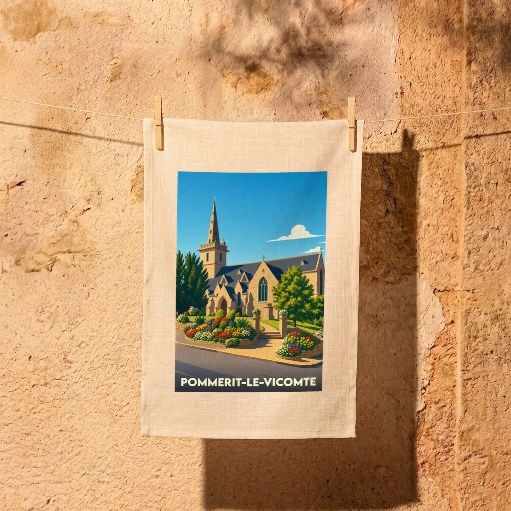 Torchon souvenir de la ville de Pommerit-le-Vicomte avec une illustration stylisée de son église.