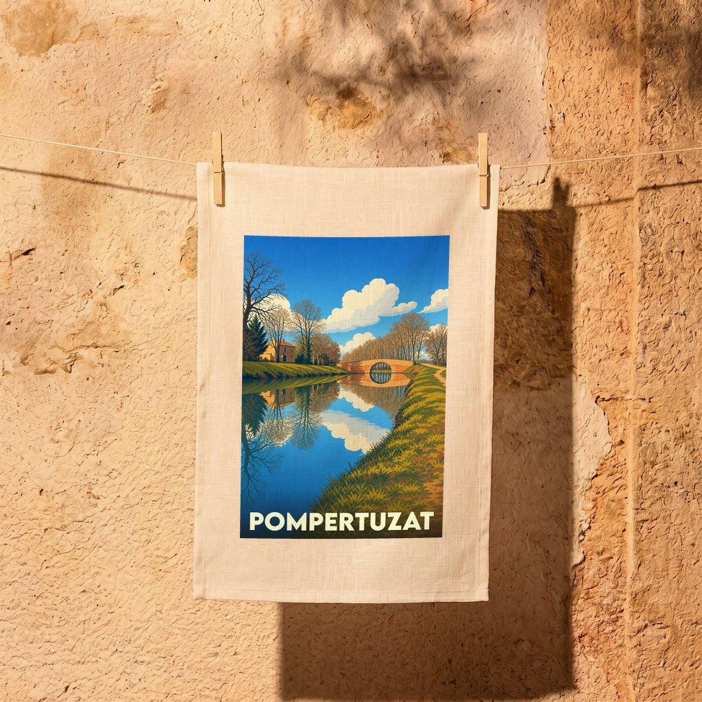 Torchon souvenir de la ville de Pompertuzat avec une illustration stylisée d'un canal et de son pont.