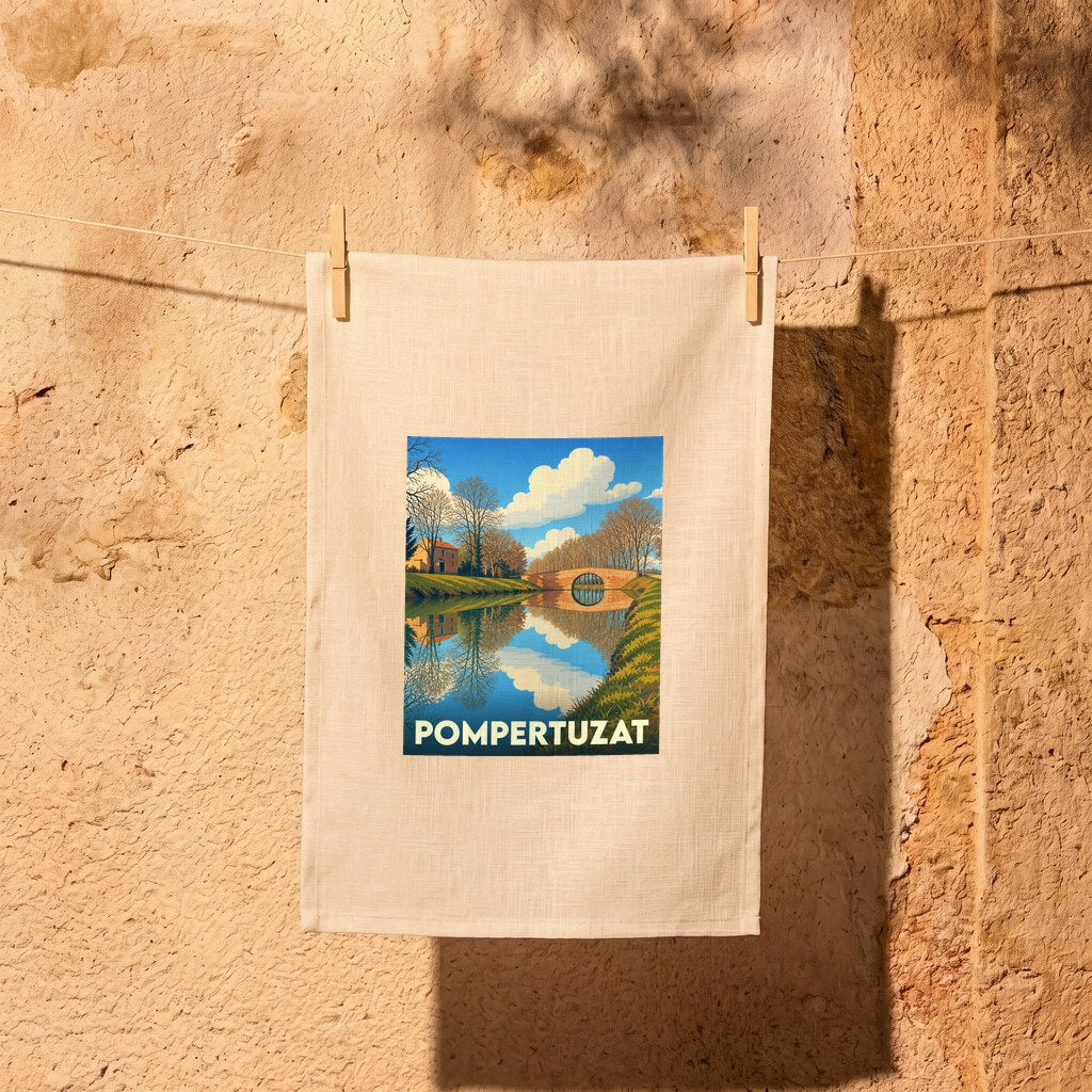 Torchon souvenir de la ville de Pompertuzat avec une illustration stylisée d'un canal et de son pont.