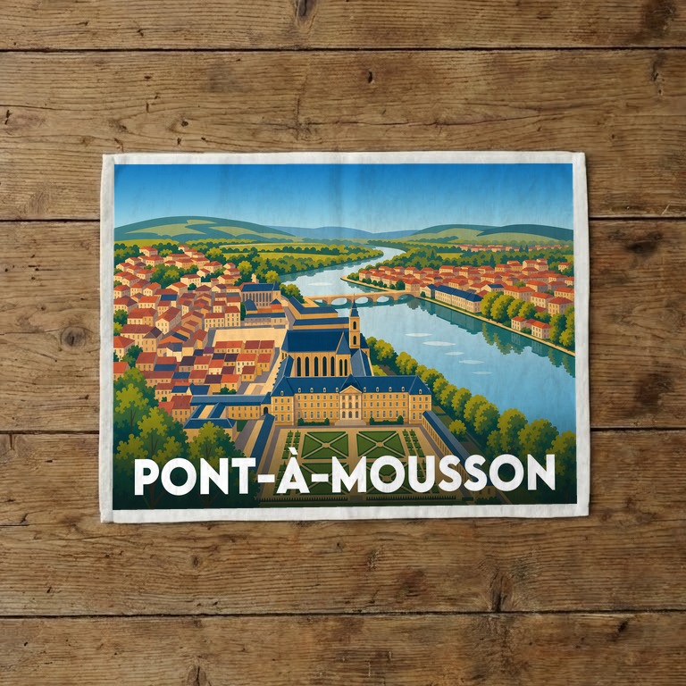 Torchon souvenir de la ville de Pont-à-Mousson avec une illustration stylisée du paysage urbain.