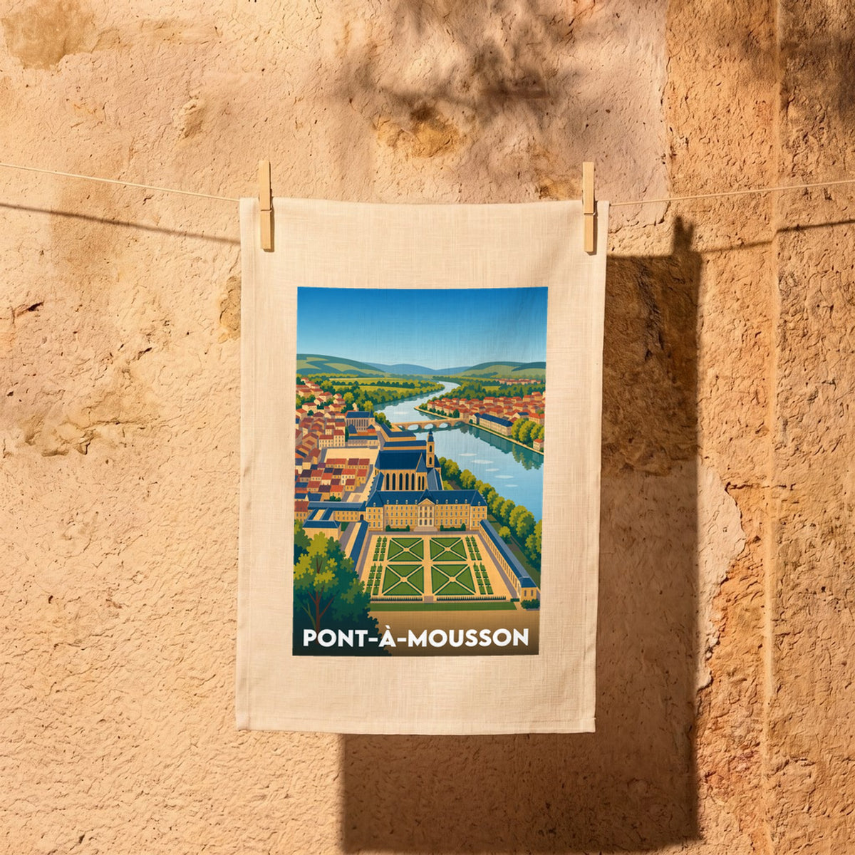 Torchon souvenir de la ville de Pont-à-Mousson avec une illustration stylisée du paysage urbain.