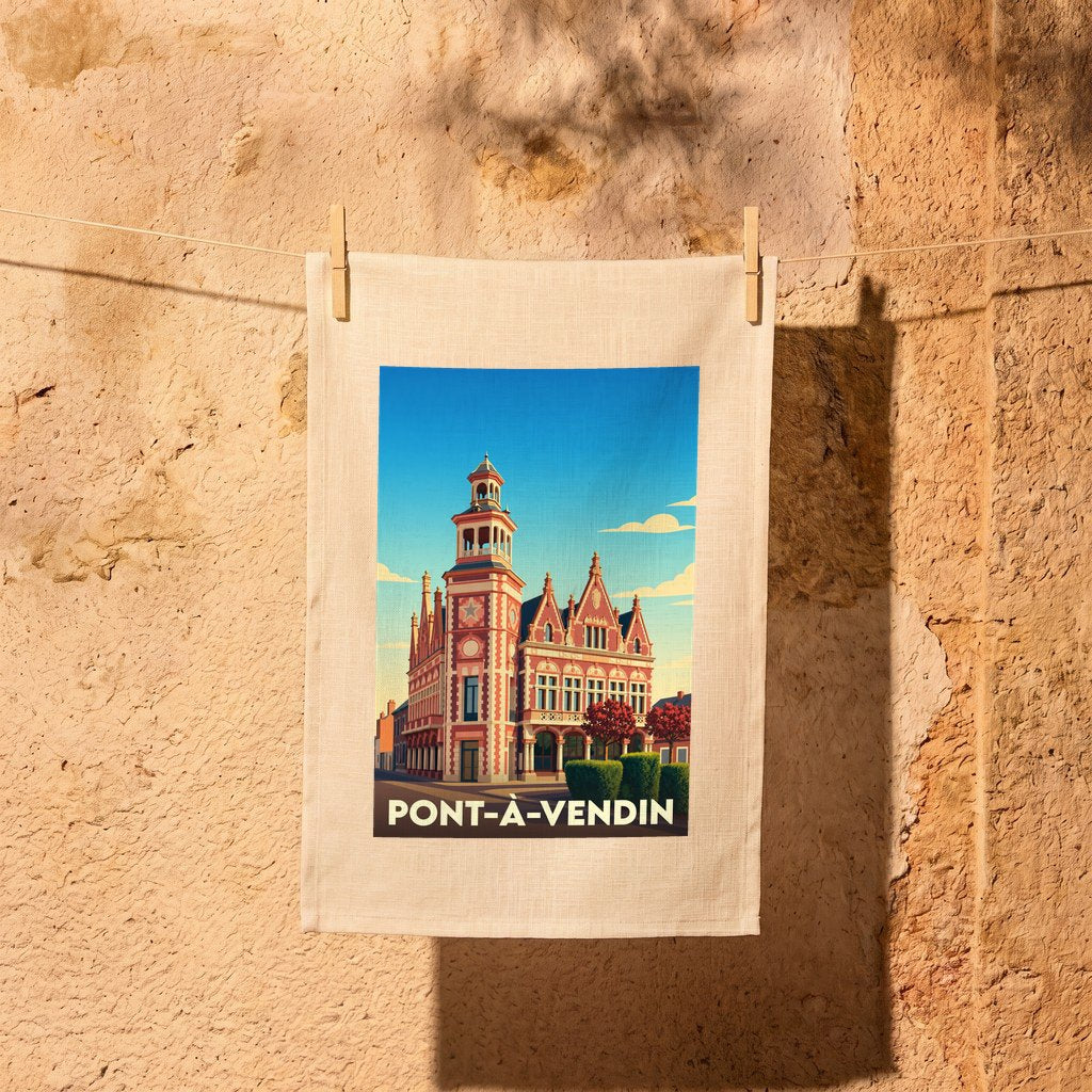 Torchon souvenir de la ville de Pont-à-Vendin avec une illustration colorée et stylisée de son architecture.