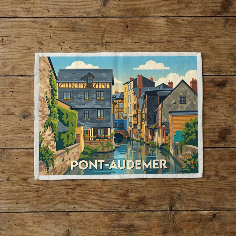 Torchon souvenir de la ville de Pont-Audemer avec une illustration stylisée de ses canaux et maisons à colombages.
