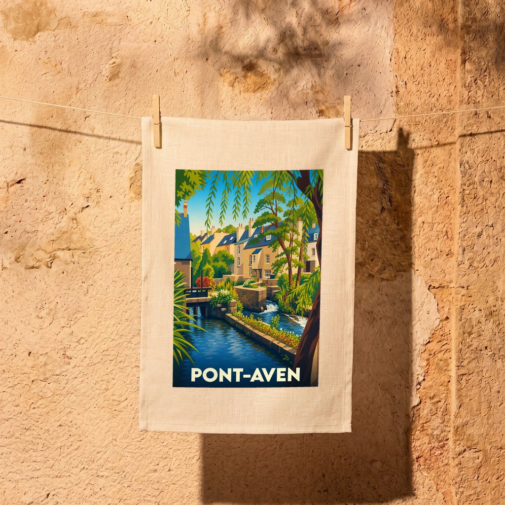 Torchon souvenir de la ville de Pont-Aven avec une illustration stylisée d'un paysage fluvial.