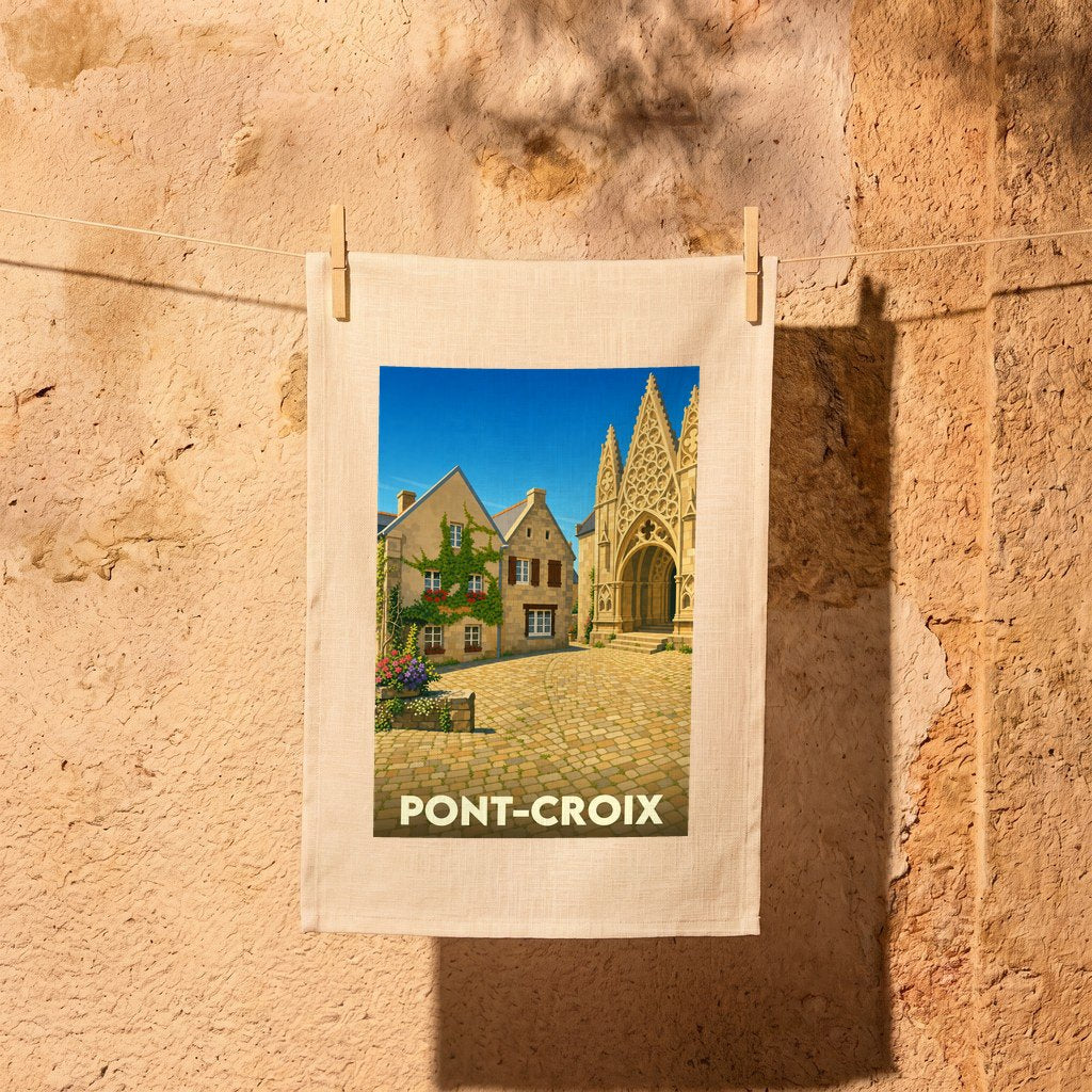 Torchon souvenir de la ville de Pont-Croix avec une illustration stylisée d'une place pavée et d'une église.