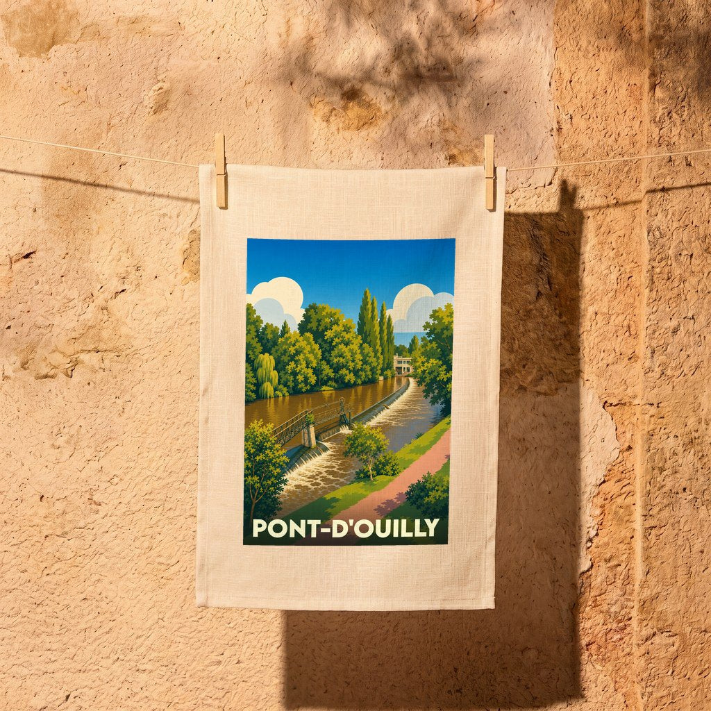 Torchon de cuisine en lin présentant une illustration stylisée de la ville de Pont-d'Ouilly suspendu par des pinces à linge.