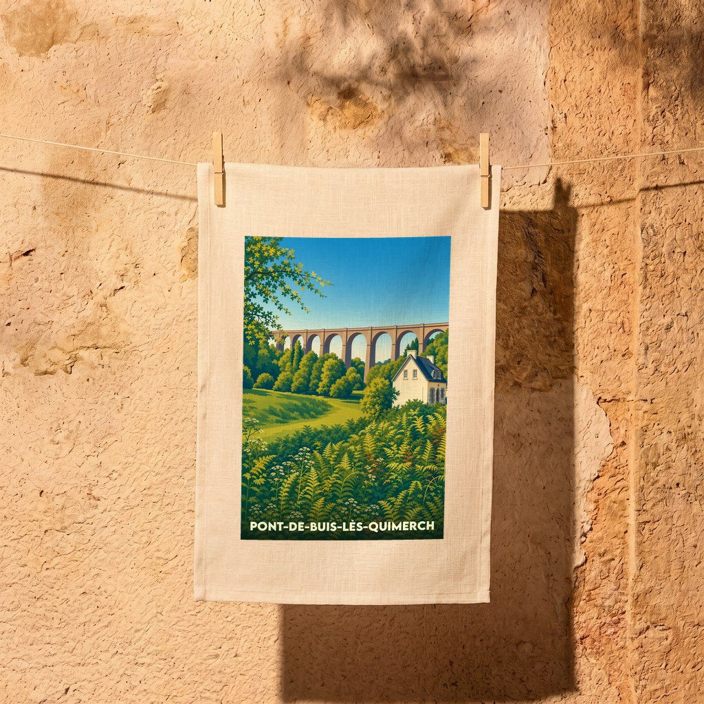 Torchon souvenir de la ville de Pont-de-Buis-lès-Quimerch avec une illustration stylisée d'un viaduc et de la campagne bretonne.