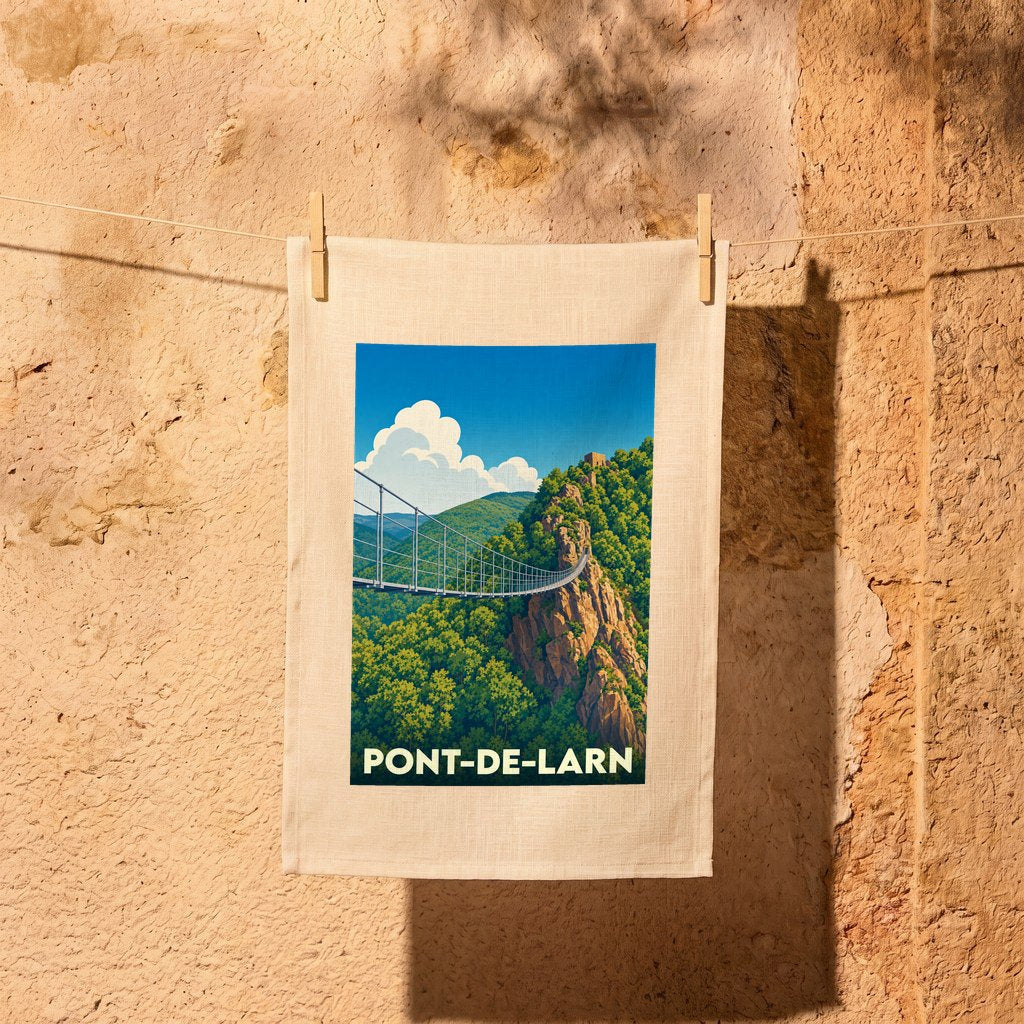 Torchon souvenir de la ville de Pont-de-Larn illustré d'une passerelle suspendue dans un paysage montagneux.