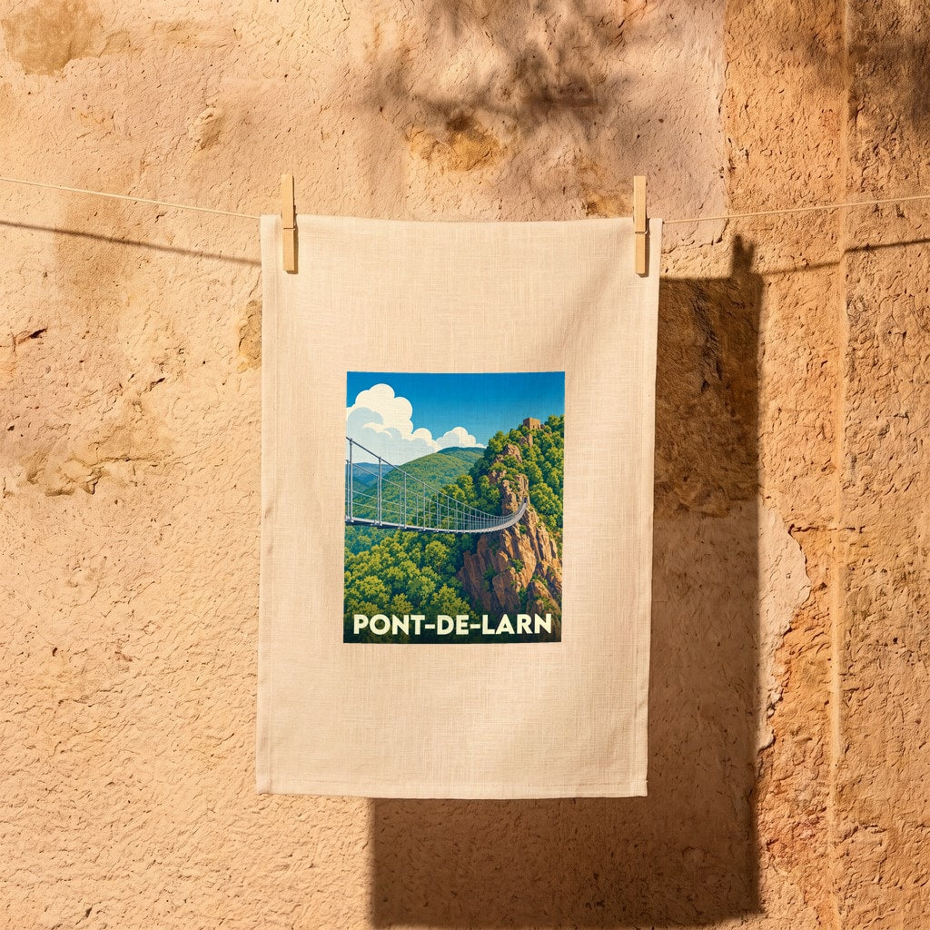 Torchon souvenir de la ville de Pont-de-Larn illustré d'une passerelle suspendue dans un paysage montagneux.