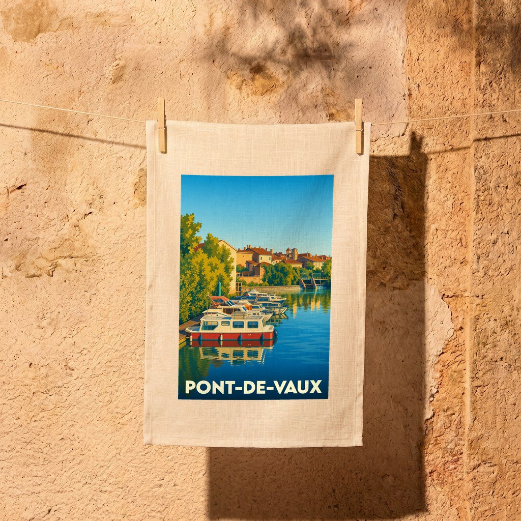Torchon souvenir de la ville de Pont-de-Vaux avec une illustration stylisée de son port de plaisance.