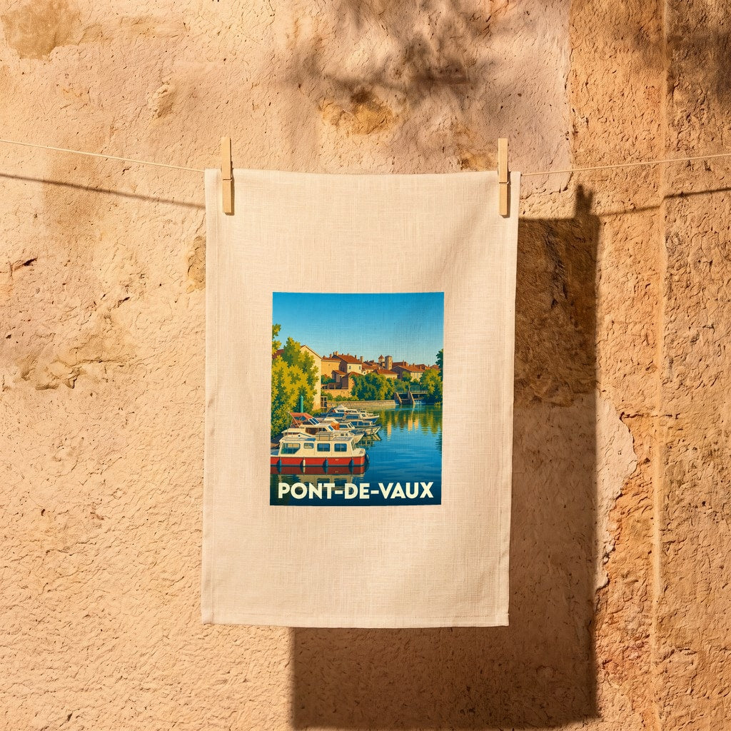 Torchon souvenir de la ville de Pont-de-Vaux avec une illustration stylisée de son port de plaisance.