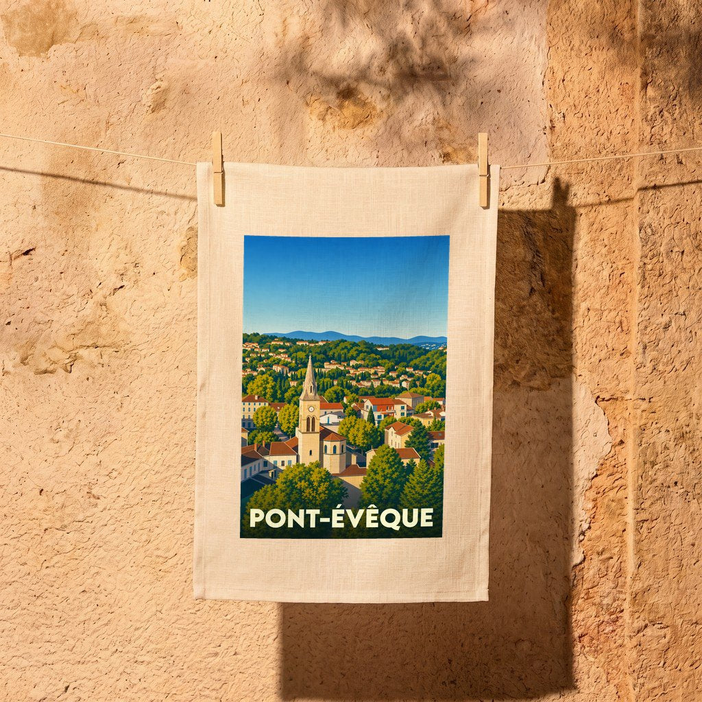 Torchon souvenir de la ville de Pont-Évêque avec une illustration stylisée.
