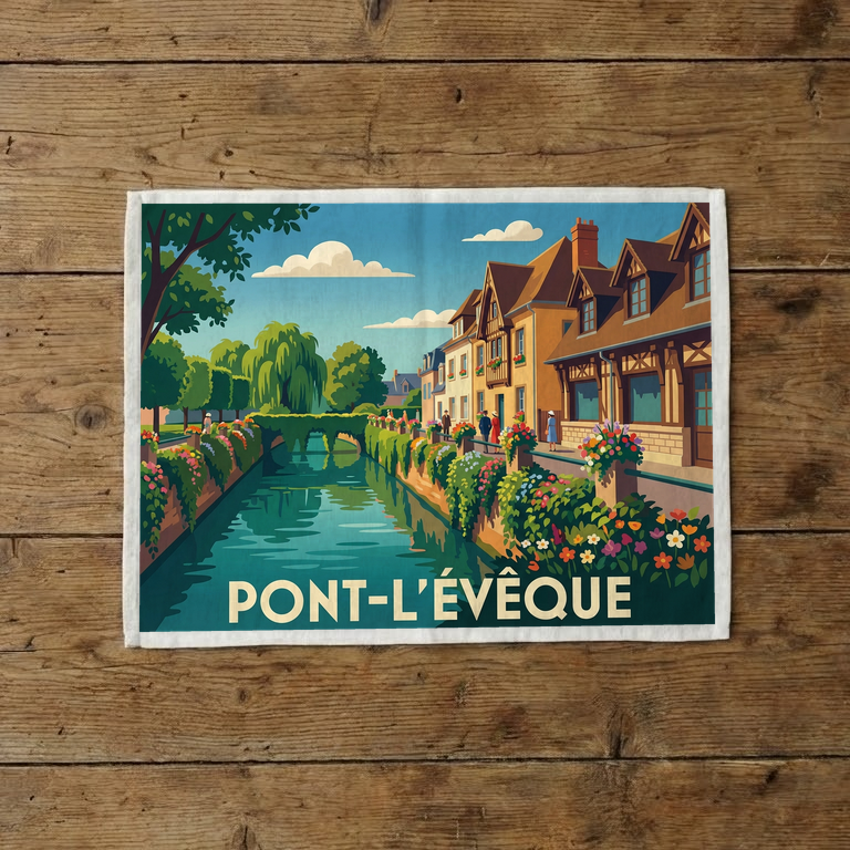 Torchon souvenir de la ville de Pont-l'Évêque avec une illustration stylisée représentant un canal fleuri et des maisons à colombages.