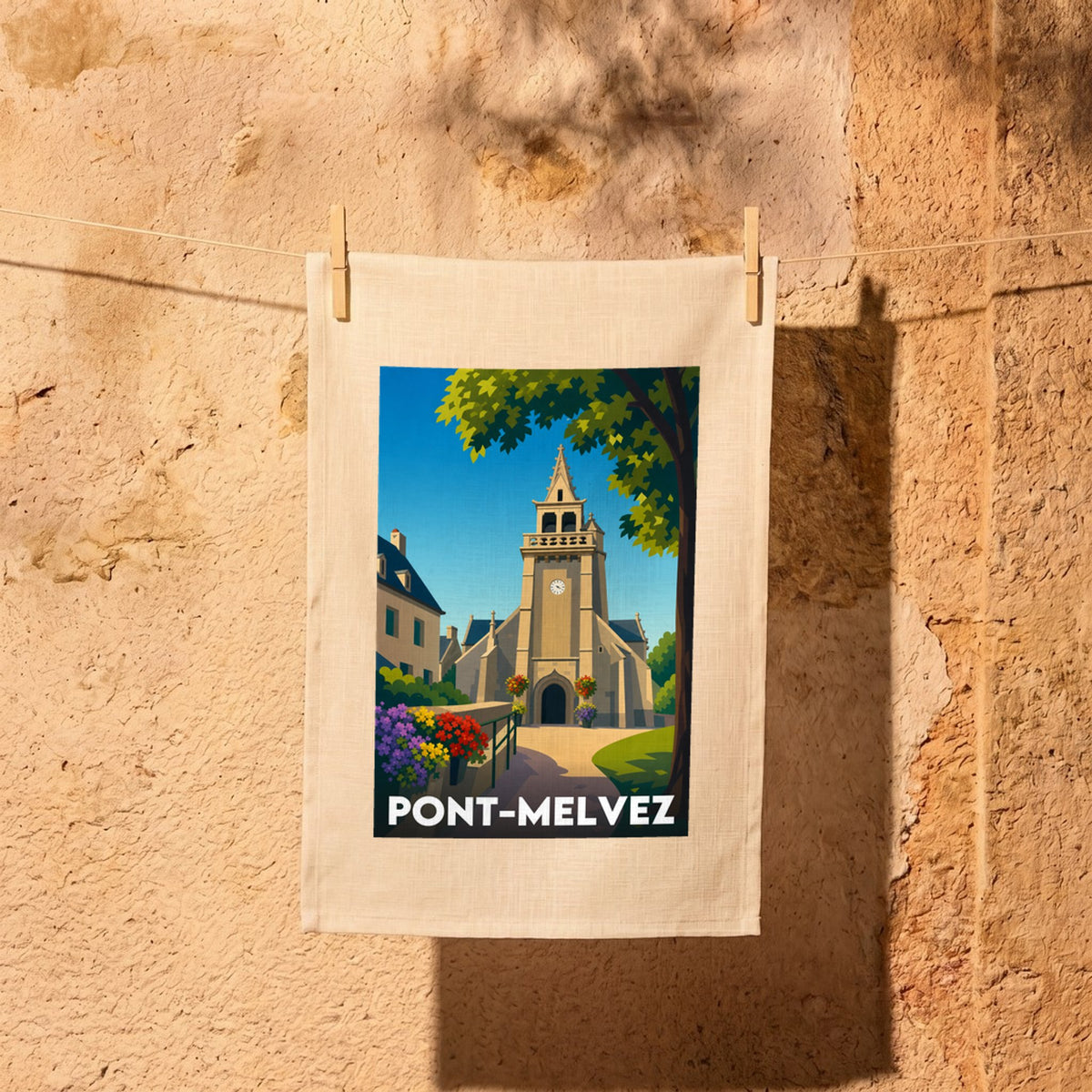 Torchon souvenir de la ville de Pont-Melvez avec une illustration stylisée.