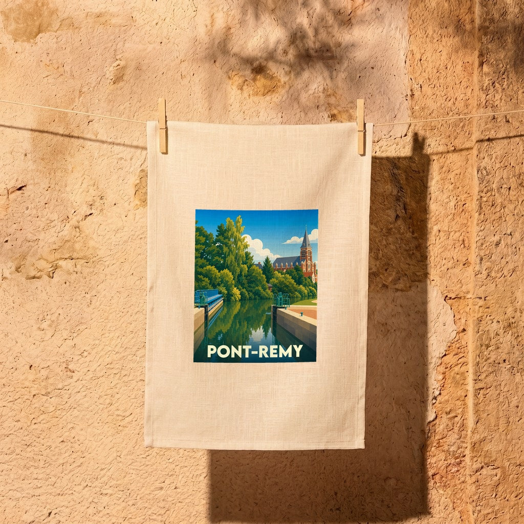 Torchon souvenir de la ville de Pont-Remy avec une illustration stylisée représentant son canal et son église.