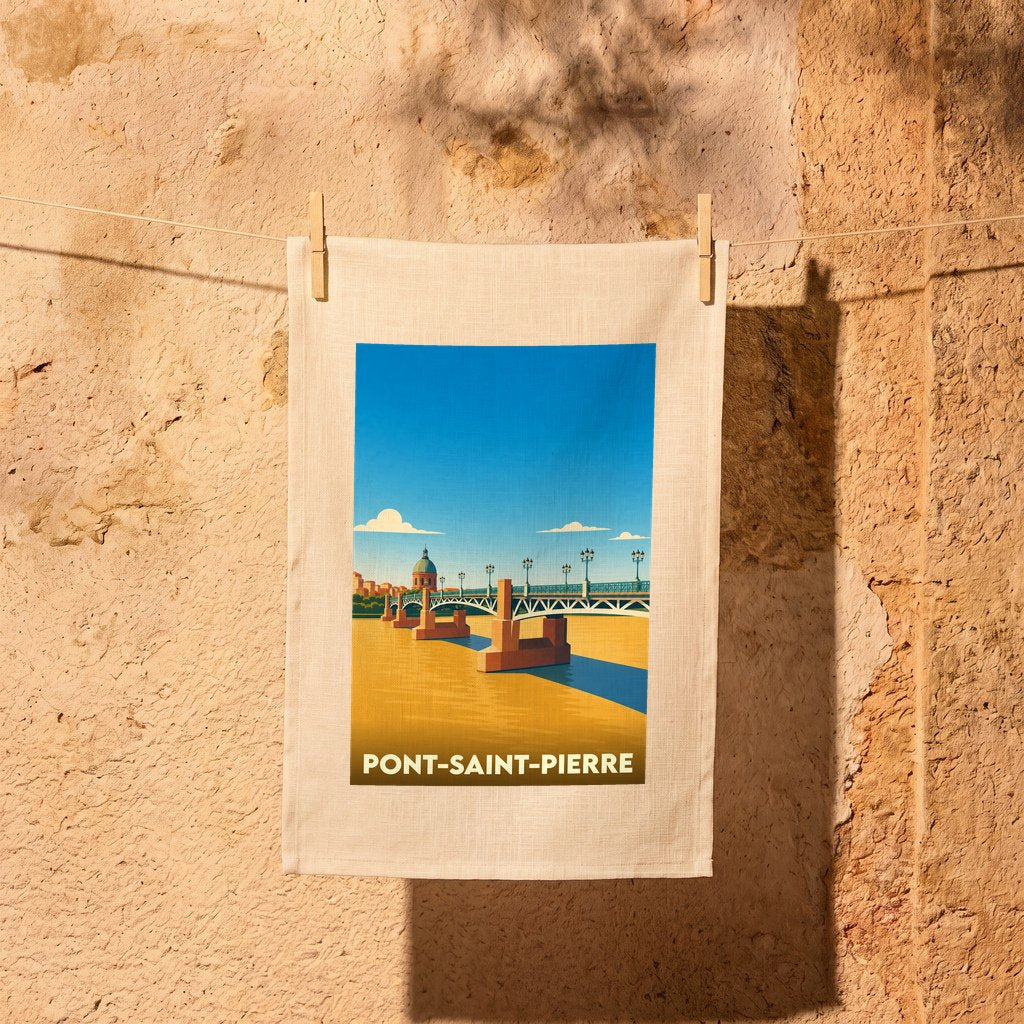 Torchon souvenir de la ville de Pont-Saint-Pierre illustré d'un dessin stylisé de son célèbre pont.