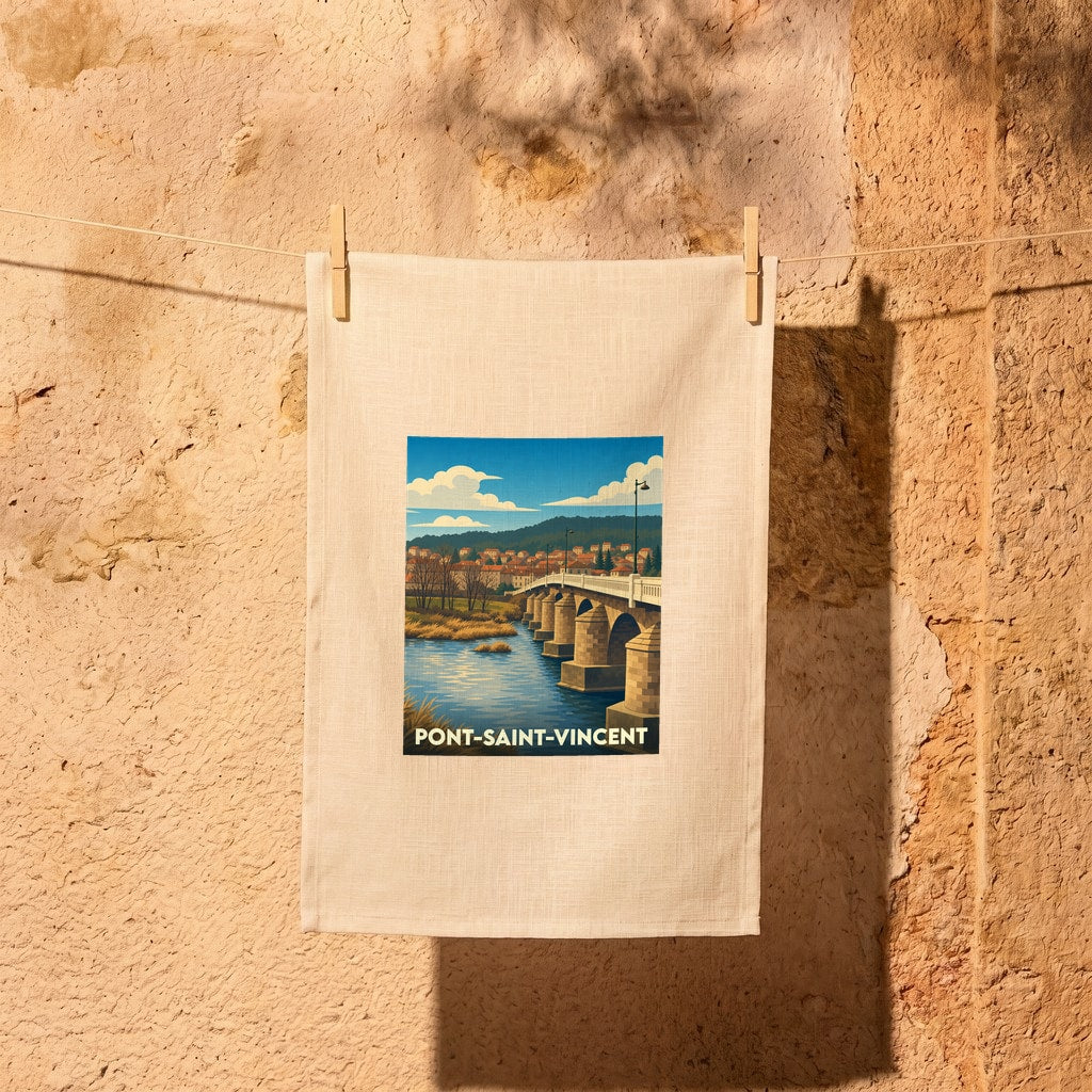 Torchon souvenir de la ville de Pont-Saint-Vincent avec une illustration stylisée d'un pont en pierre.