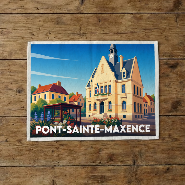 Torchon souvenir de la ville de Pont-Sainte-Maxence avec une illustration stylisée de l'hôtel de ville.