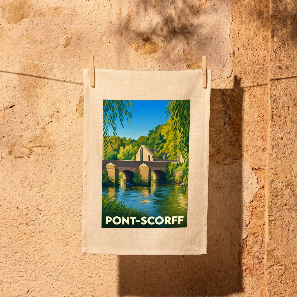 Torchon souvenir de la ville de Pont-Scorff avec une illustration stylisée de son pont et de sa rivière.
