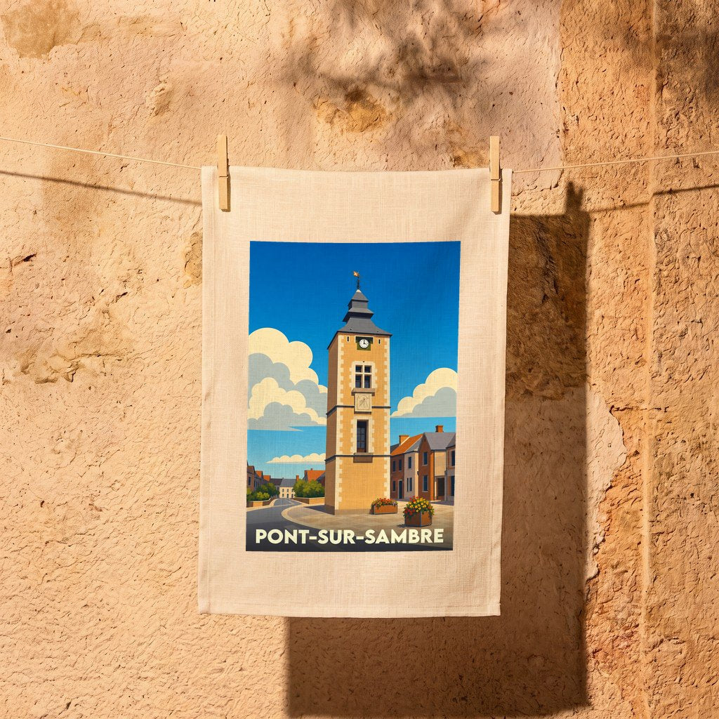 Torchon souvenir de la ville de Pont-sur-Sambre avec une illustration stylisée de sa tour médiévale.