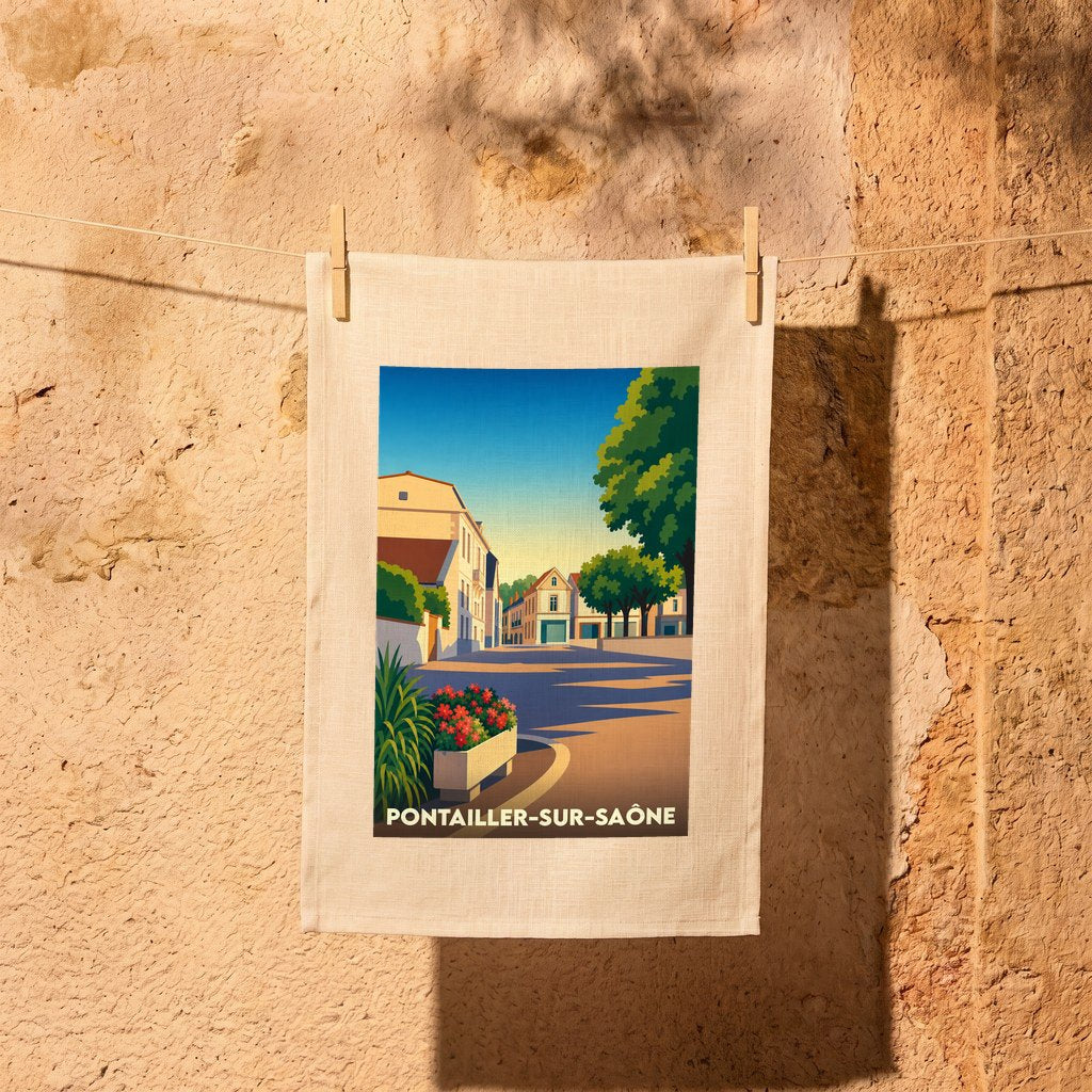 Torchon souvenir de la ville de Pontailler-sur-Saône avec une illustration stylisée et colorée.