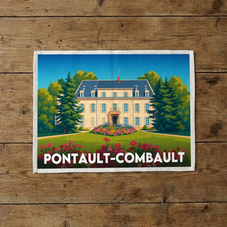 Torchon souvenir de la ville de Pontault-Combault avec une illustration stylisée d'un manoir et de jardins fleuris.