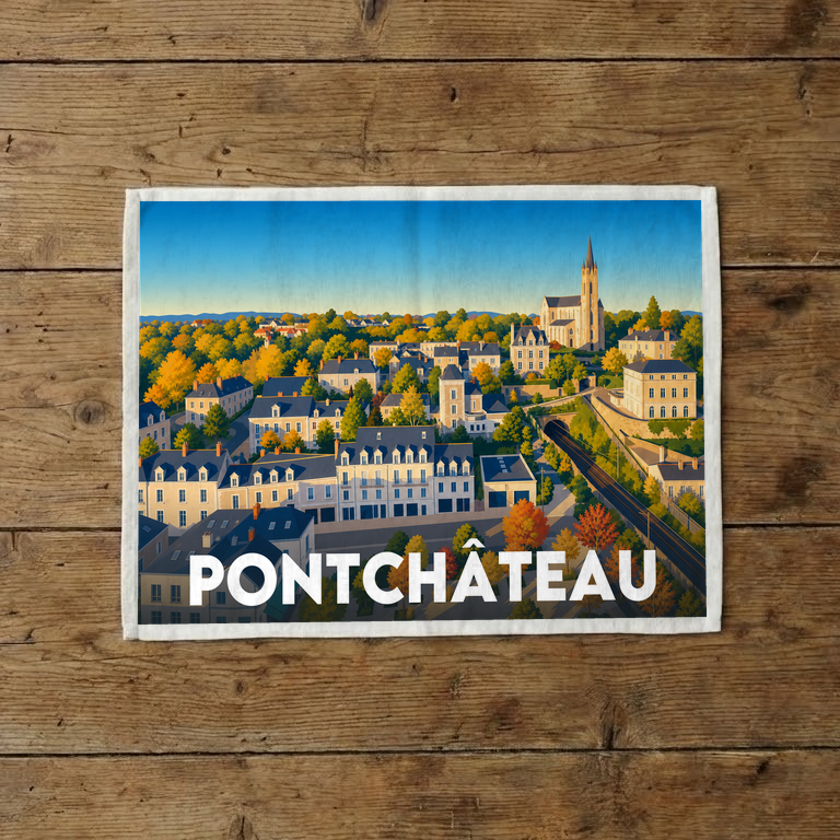 Torchon souvenir de la ville de Pontchâteau avec une illustration stylisée de son paysage urbain.