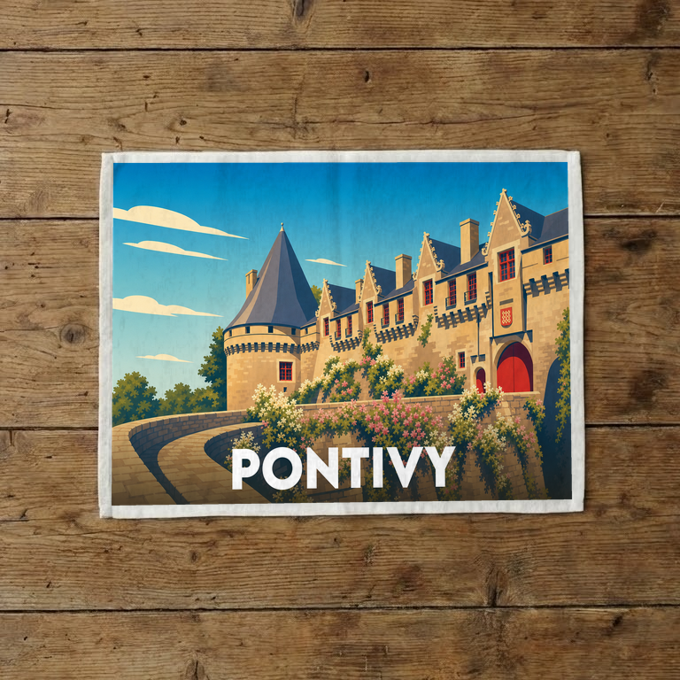 Torchon souvenir de la ville de Pontivy avec une illustration stylisée et colorée de son château.