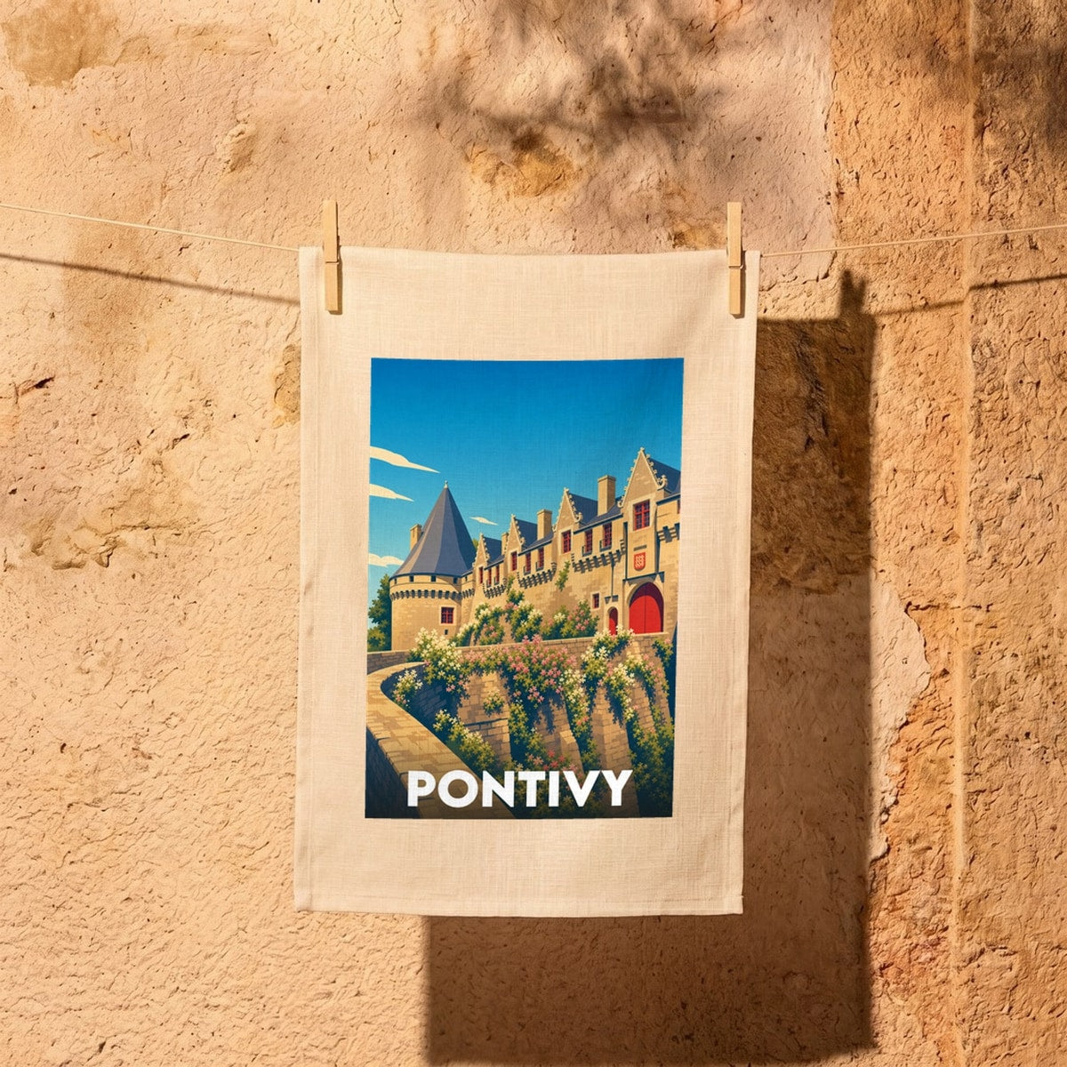 Torchon souvenir de la ville de Pontivy avec une illustration stylisée et colorée de son château.