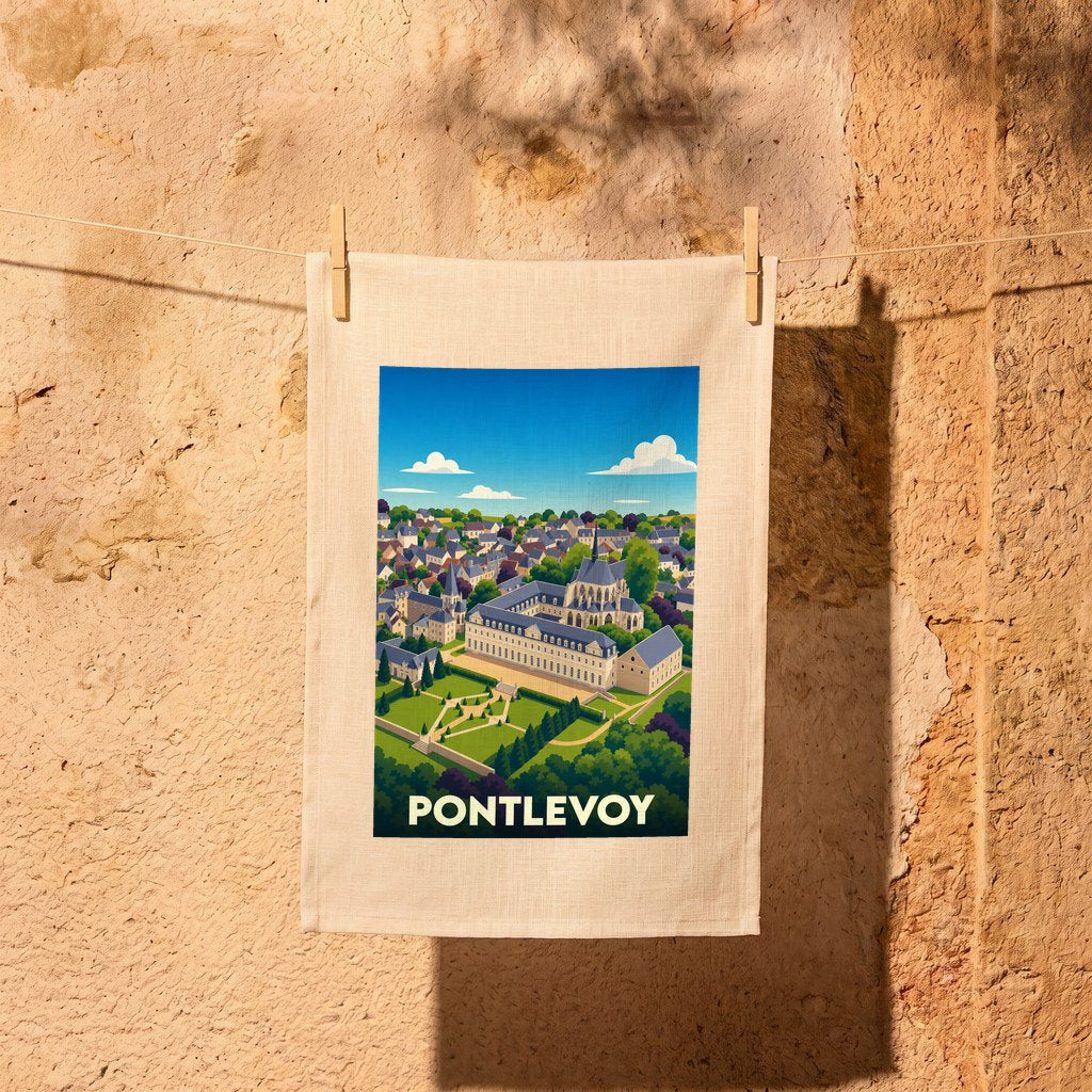 Torchon souvenir de la ville de Pontlevoy avec une illustration stylisée de son abbaye et de ses jardins.
